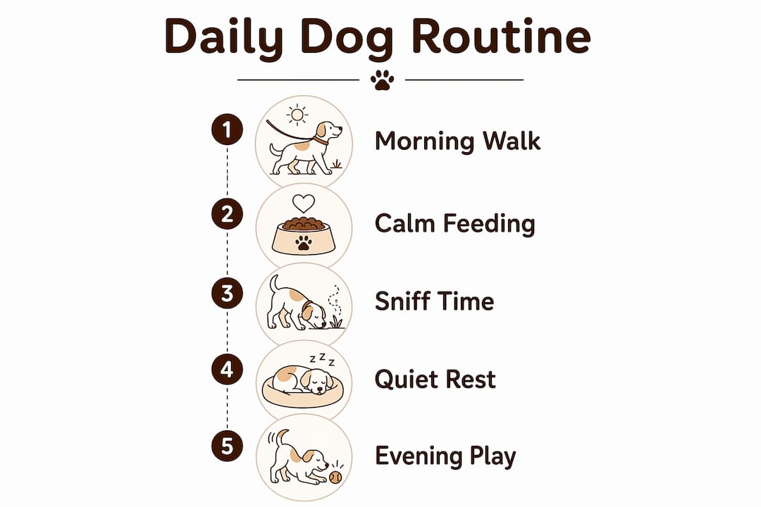 Infographic illustrating daily routine steps for anxious dogs