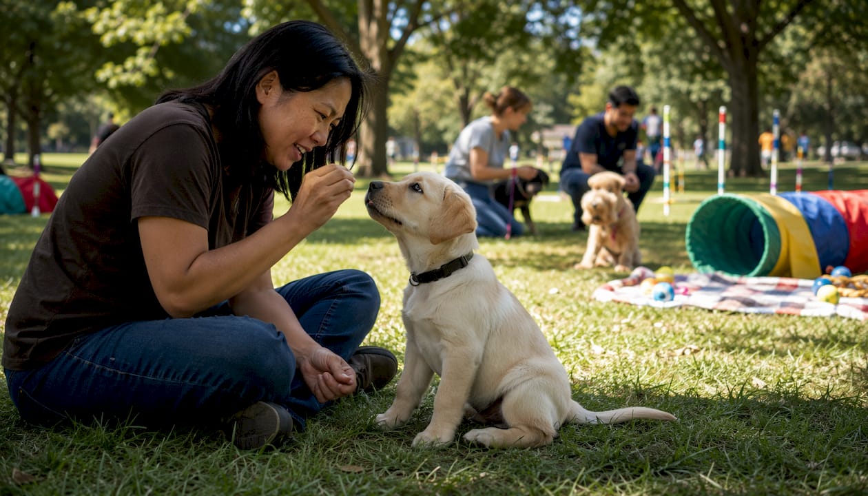 Family training puppy in obedience class