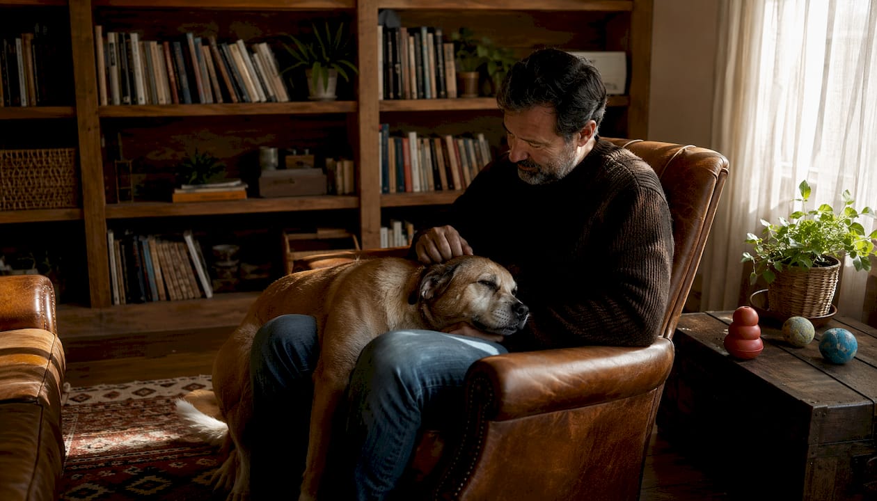 Owner soothing anxious dog in bright kitchen