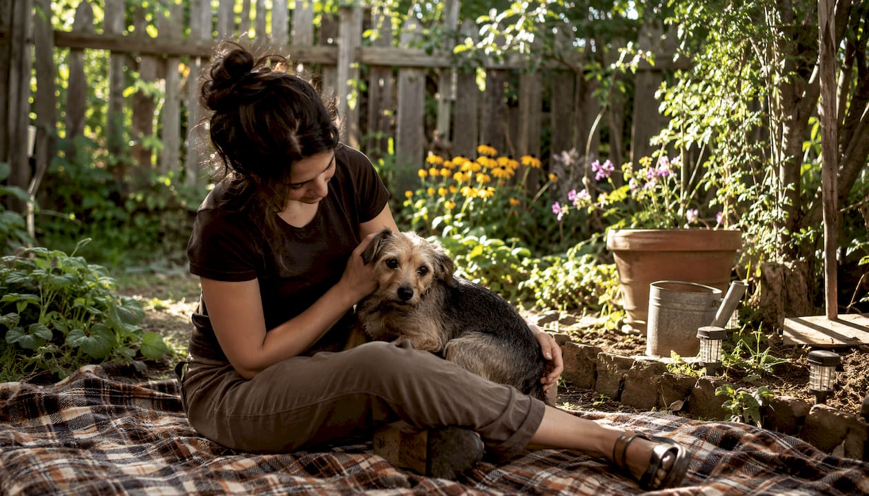 Woman comforting anxious dog at home