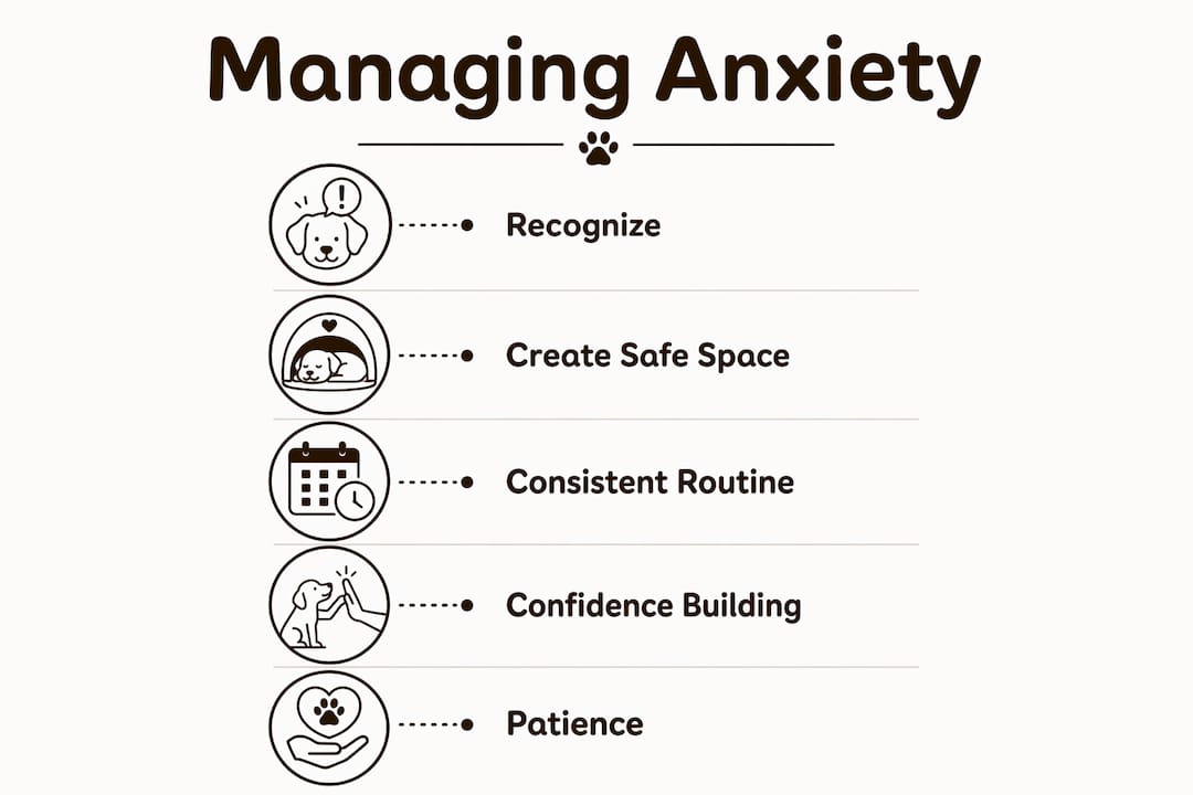 Infographic outlining steps to manage anxious dog behavior