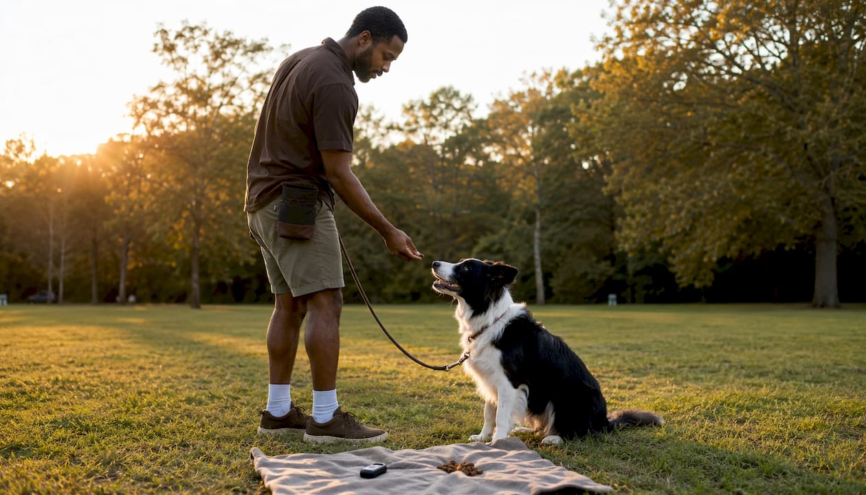 Trainer working with leash reactive border collie outdoors