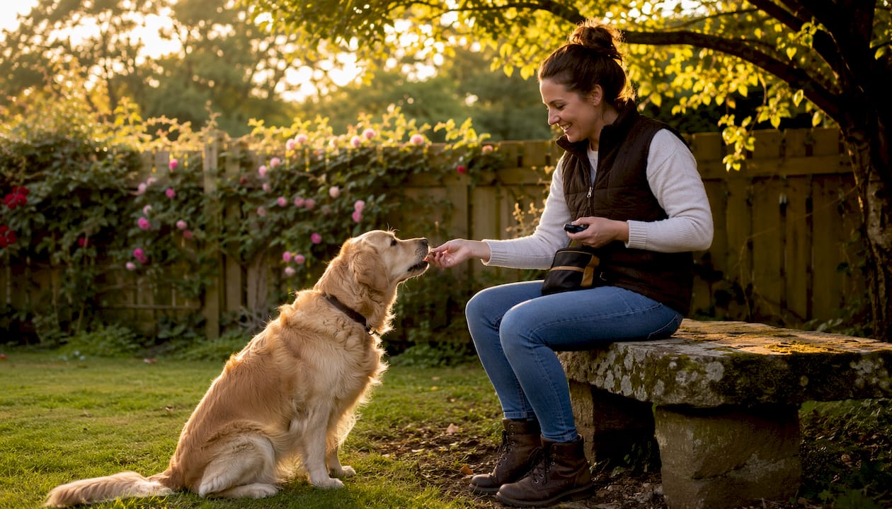 Woman training golden retriever with treats outdoors