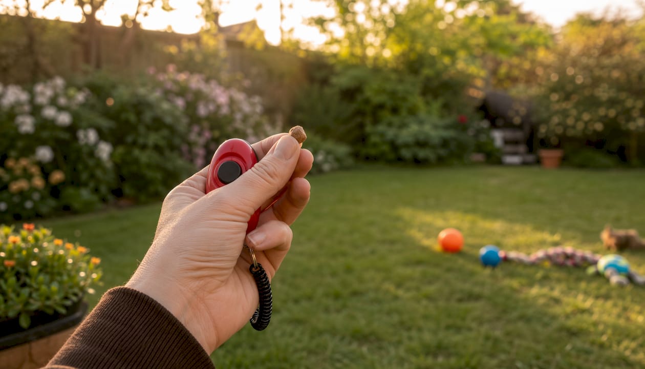 Hand holding clicker and treat for dog training