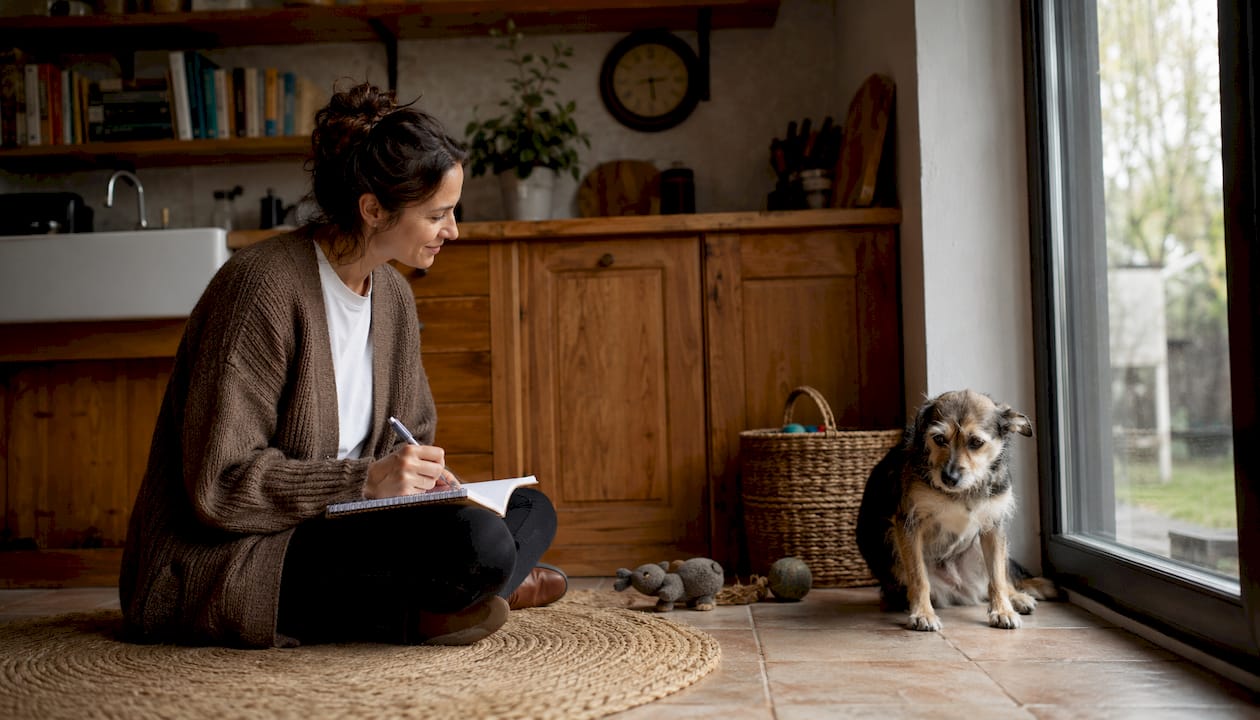 Trainer assessing fearful dog in living room