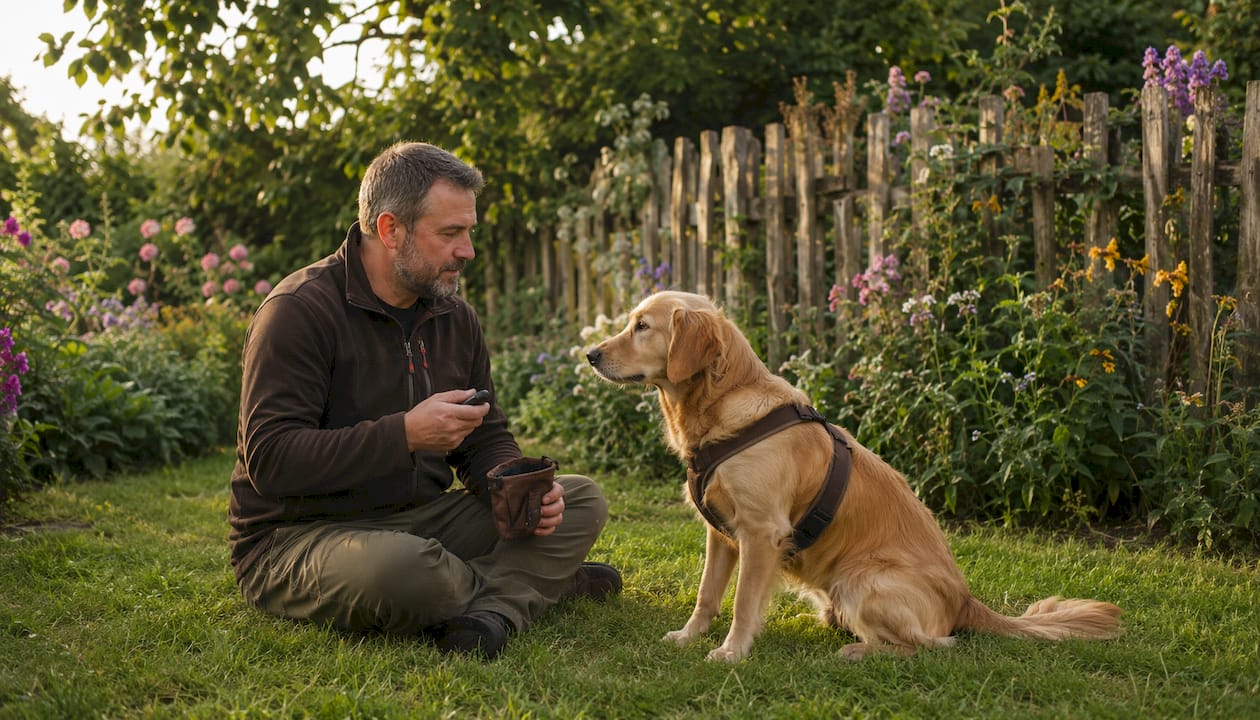 Man training fearful dog outdoors with treats