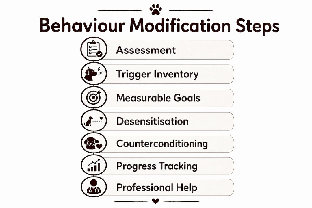 Infographic illustrating behaviour modification steps for dogs