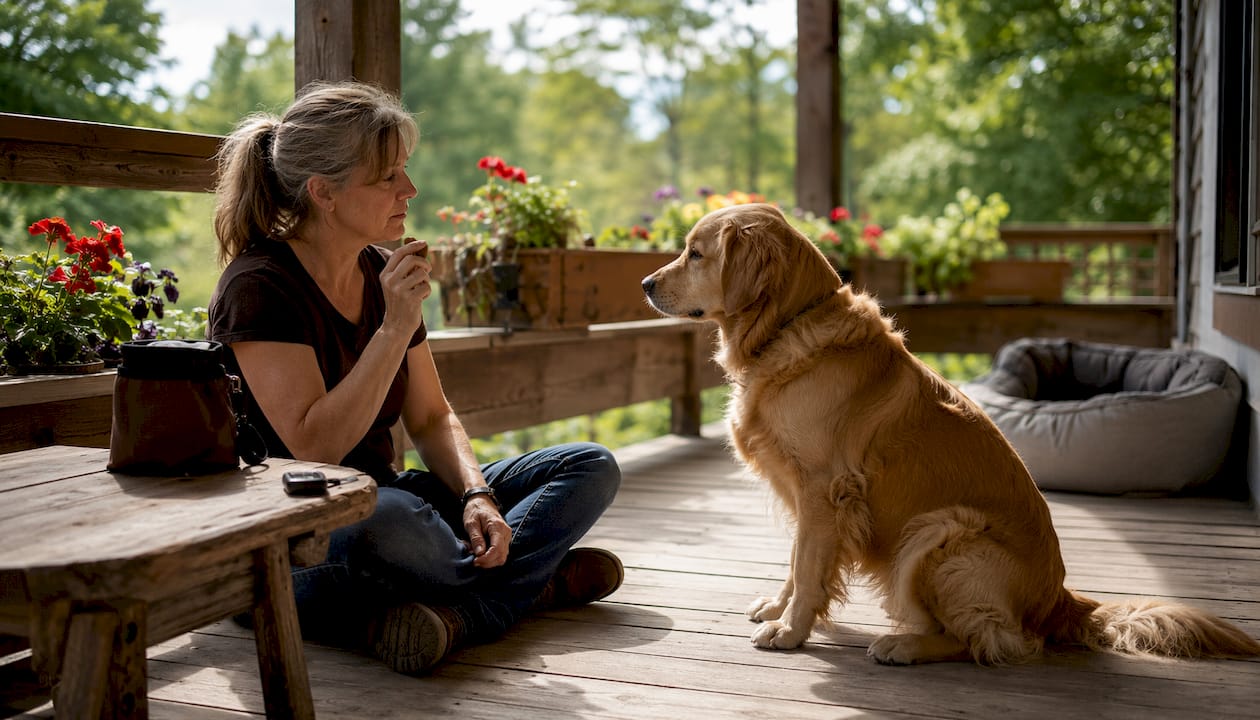 Dog trainer teaching golden retriever sit command indoors