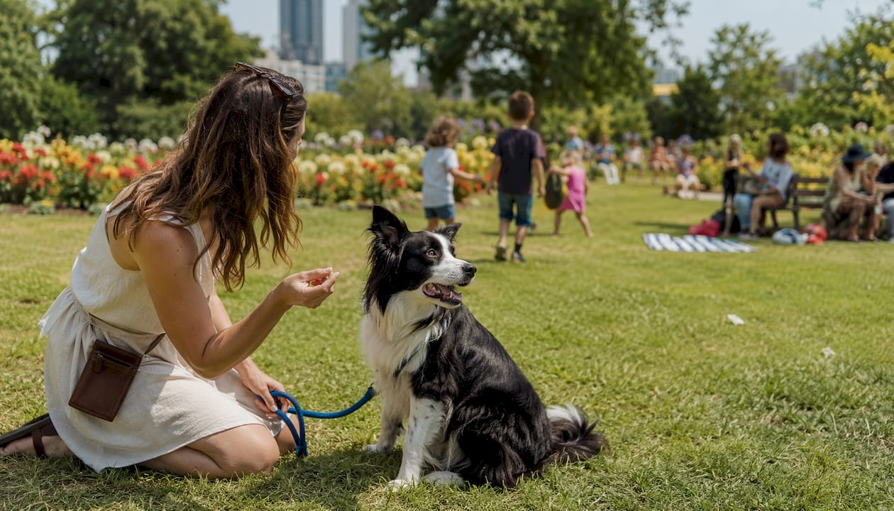Dog owner managing distracted border collie outdoors