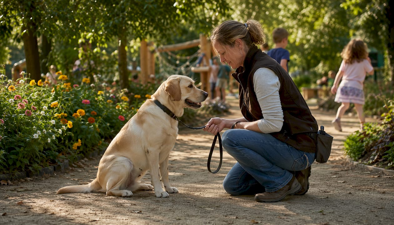 Woman calmly managing dog on leash outdoors