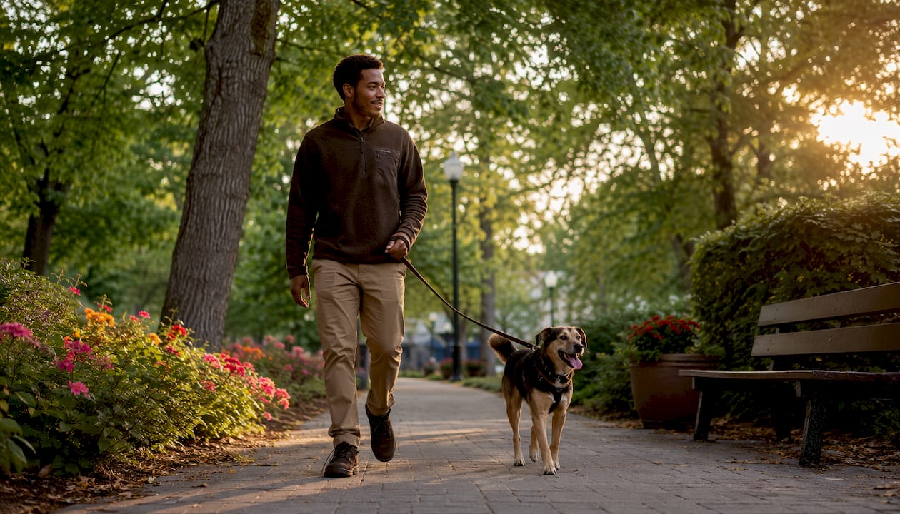 Man safely walking dog on suburban street at dusk