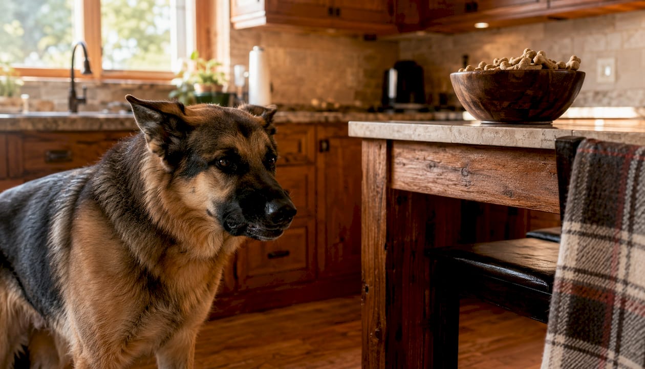 German Shepherd showing warning signals in home