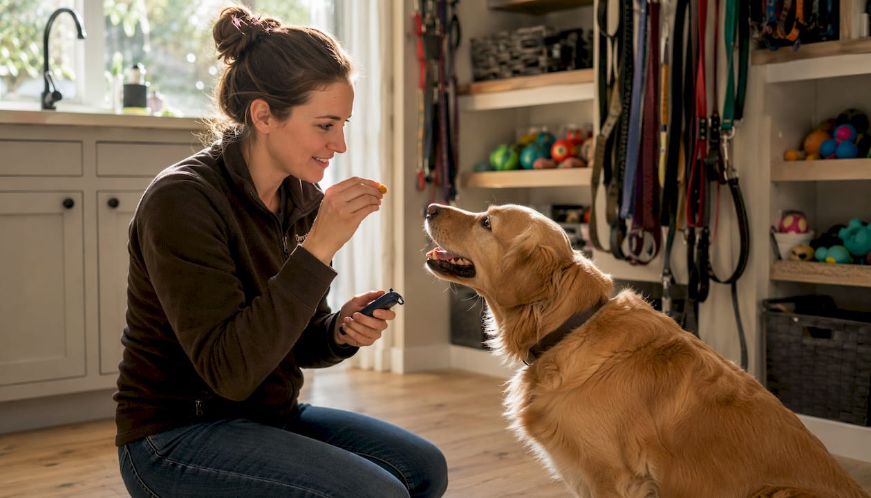 Trainer calmly working with golden retriever indoors