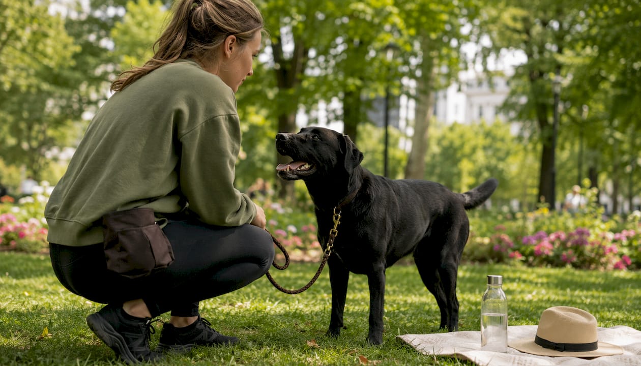 Trainer observing black labrador walking on leash outdoors