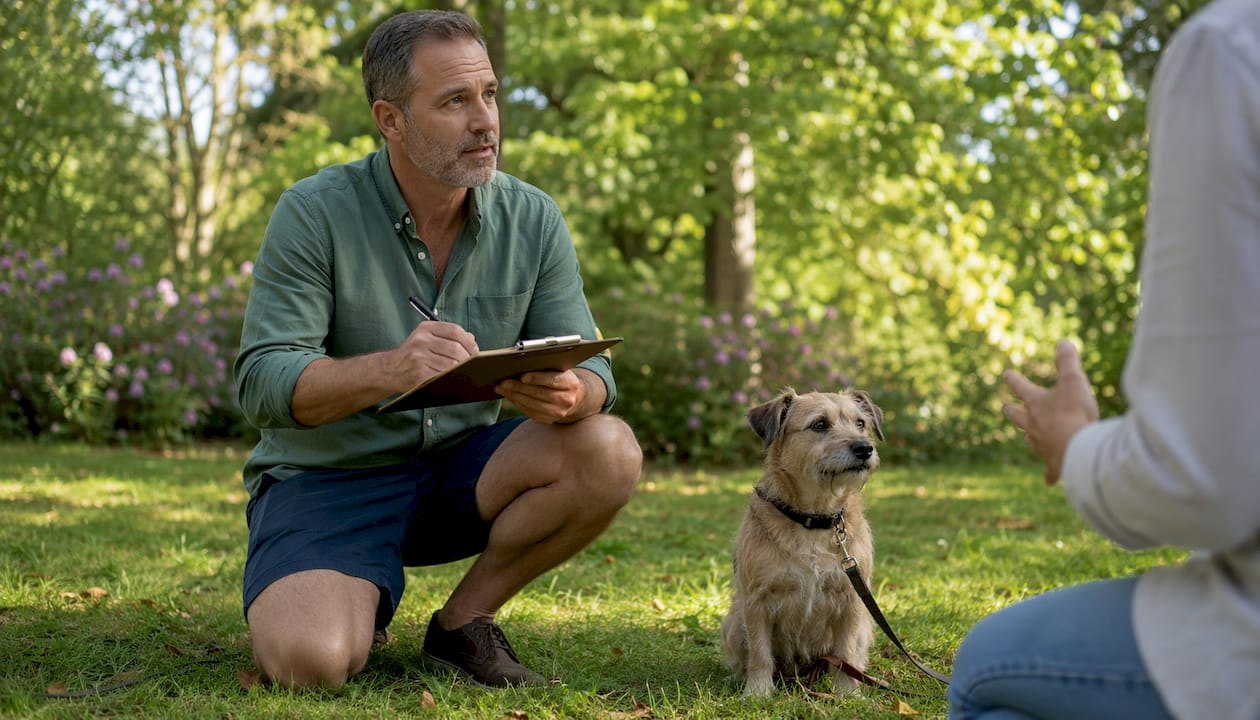 Man recording dog behaviour assessment indoors