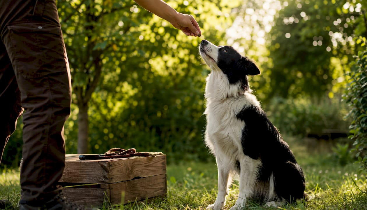 Trainer offering treat to attentive dog
