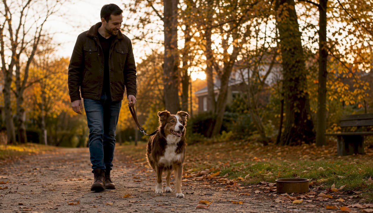 Calm dog walking confidently with owner