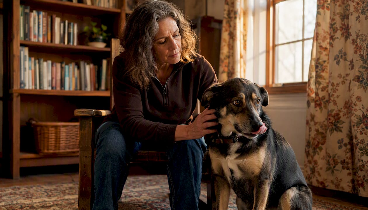 Woman petting wary dog on home sofa