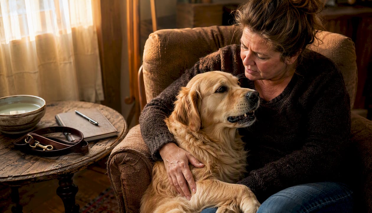 Woman comforting growling dog at home