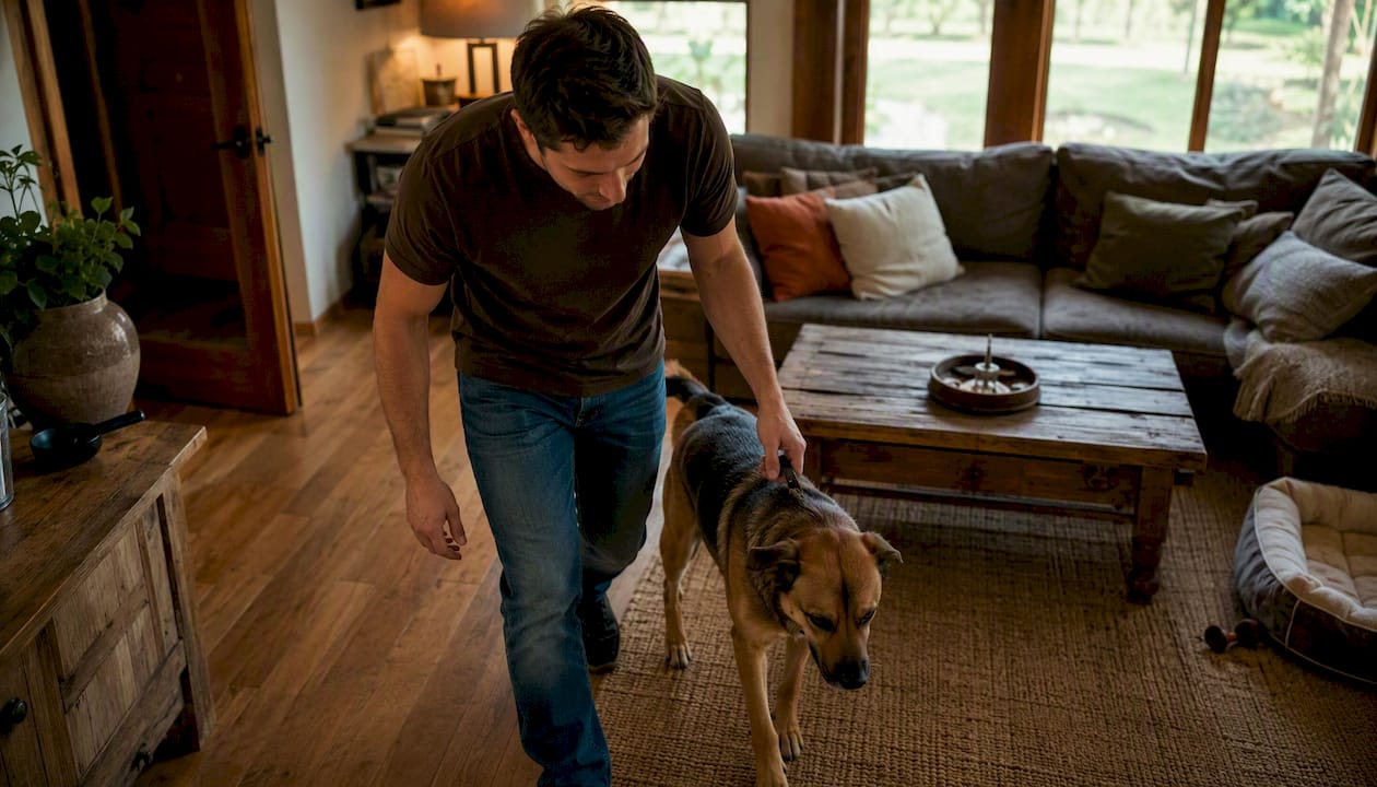 Man calmly removing growling dog from kitchen