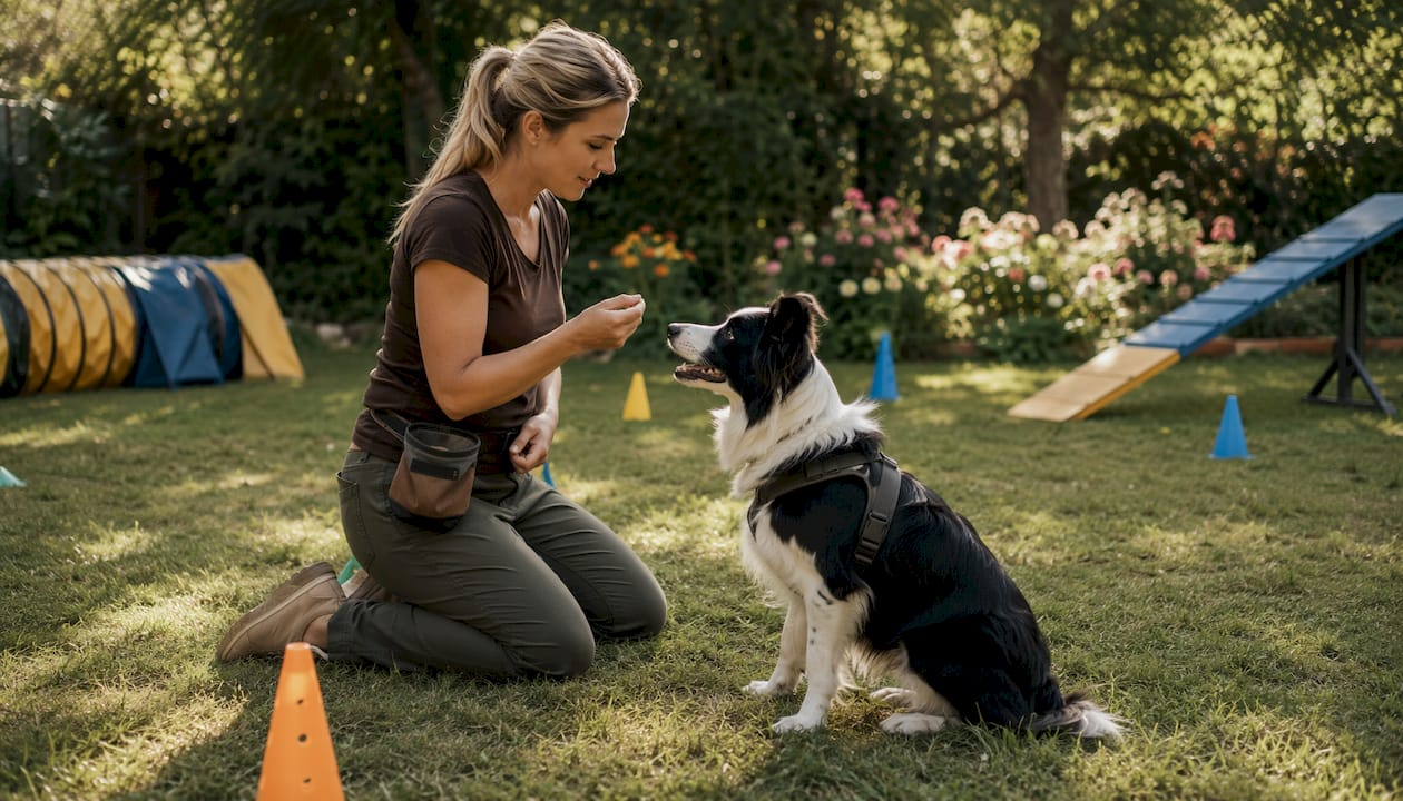 Trainer conducting positive dog training session