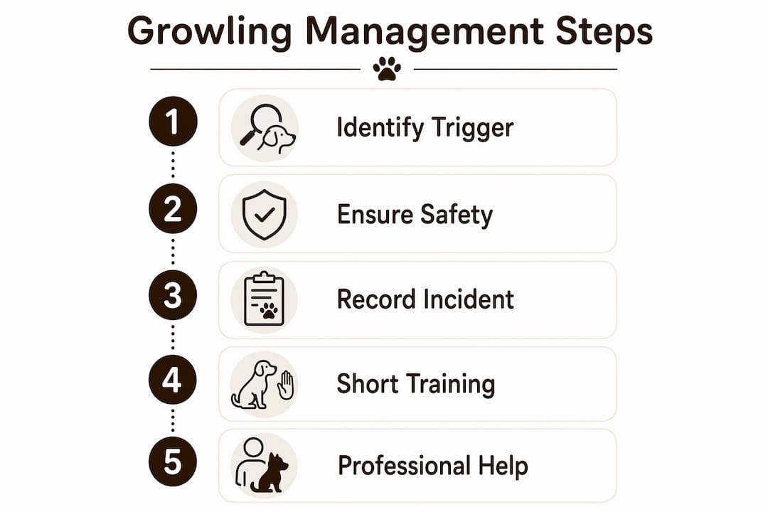 Infographic showing five steps to manage dog growling