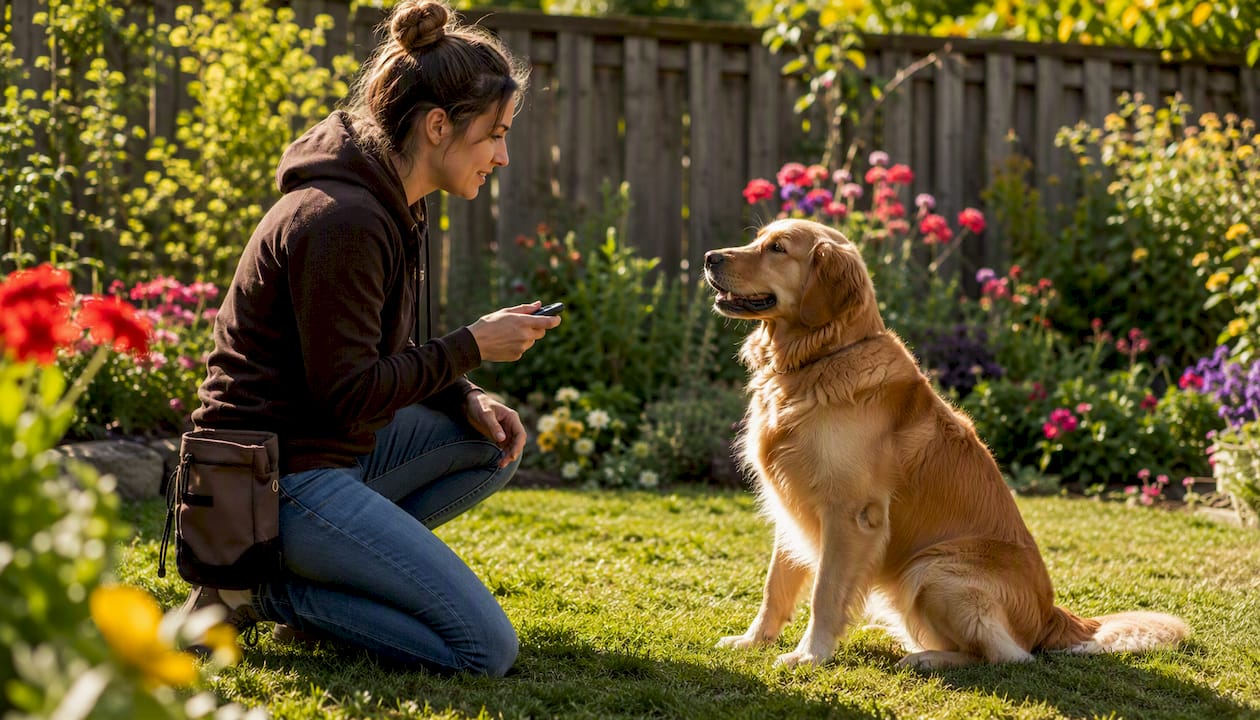 Dog owner clicker training golden retriever