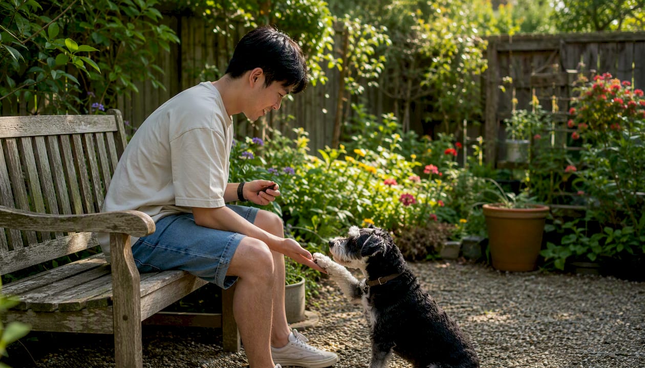 Man teaching dog to lift paw outdoors