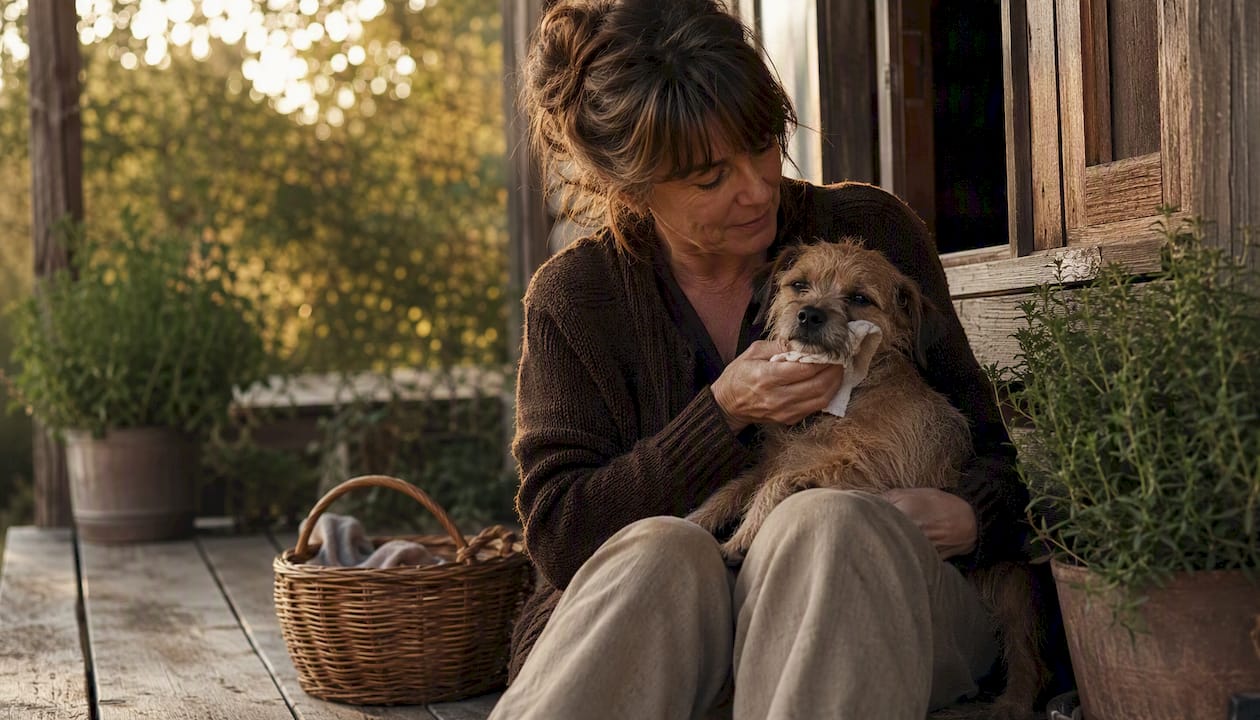 Owner preparing dog with cloth before boarding