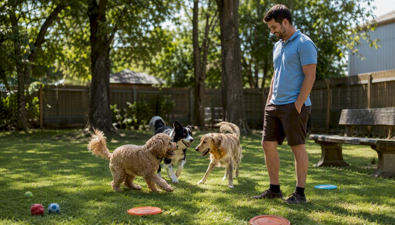 Staff observing calm dog group play indoors