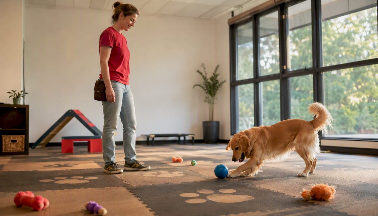 Trainer assessing dog's temperament indoors