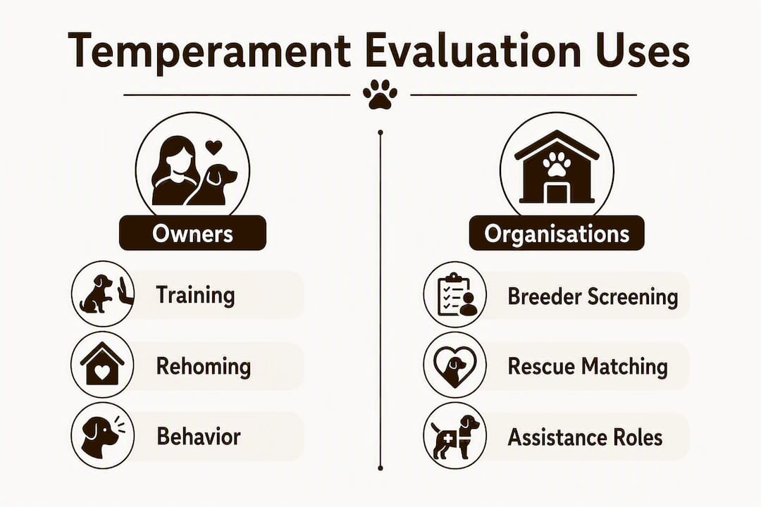 Infographic comparing owner and organisation uses for dog temperament evaluations