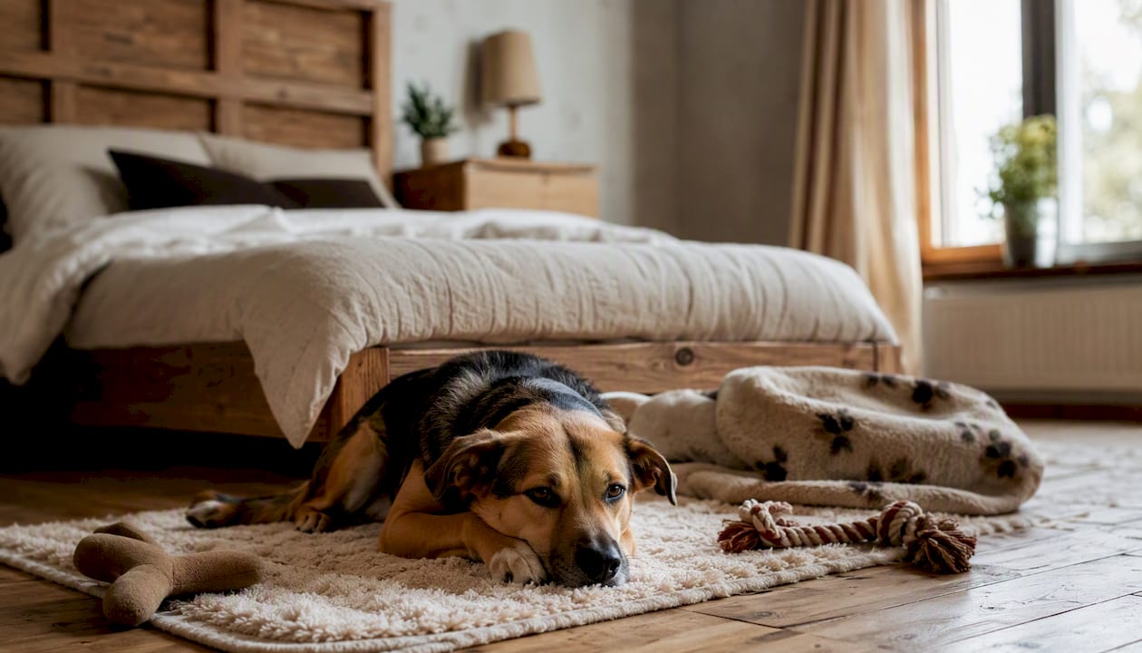 Calm dog resting at home after neutering