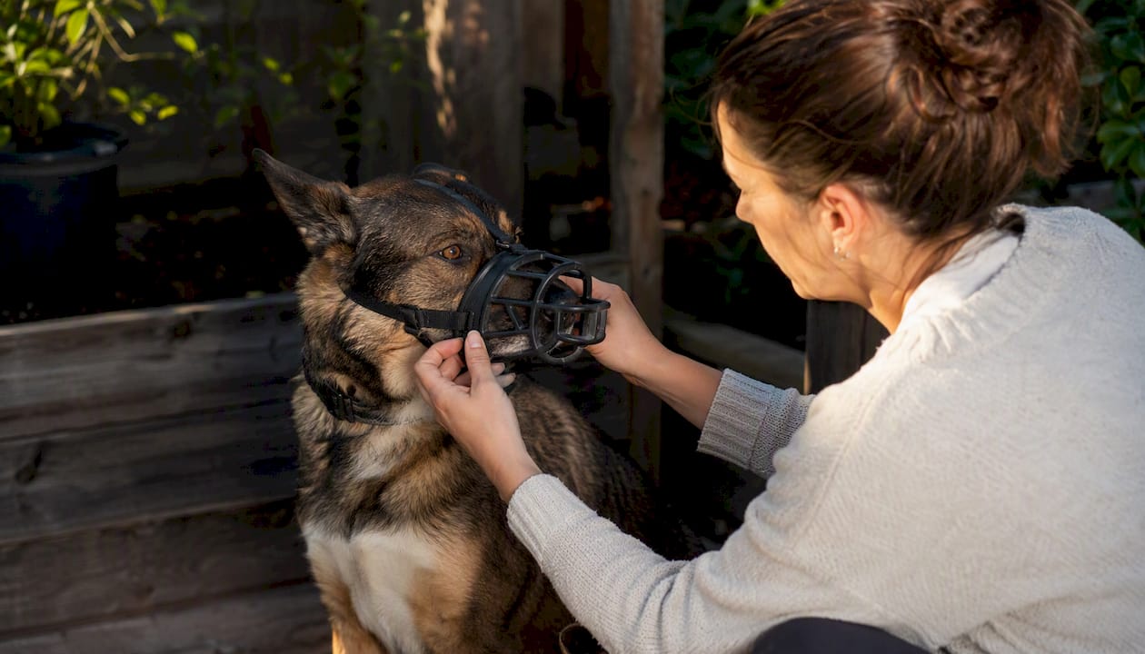 Owner fitting muzzle on dog for safety