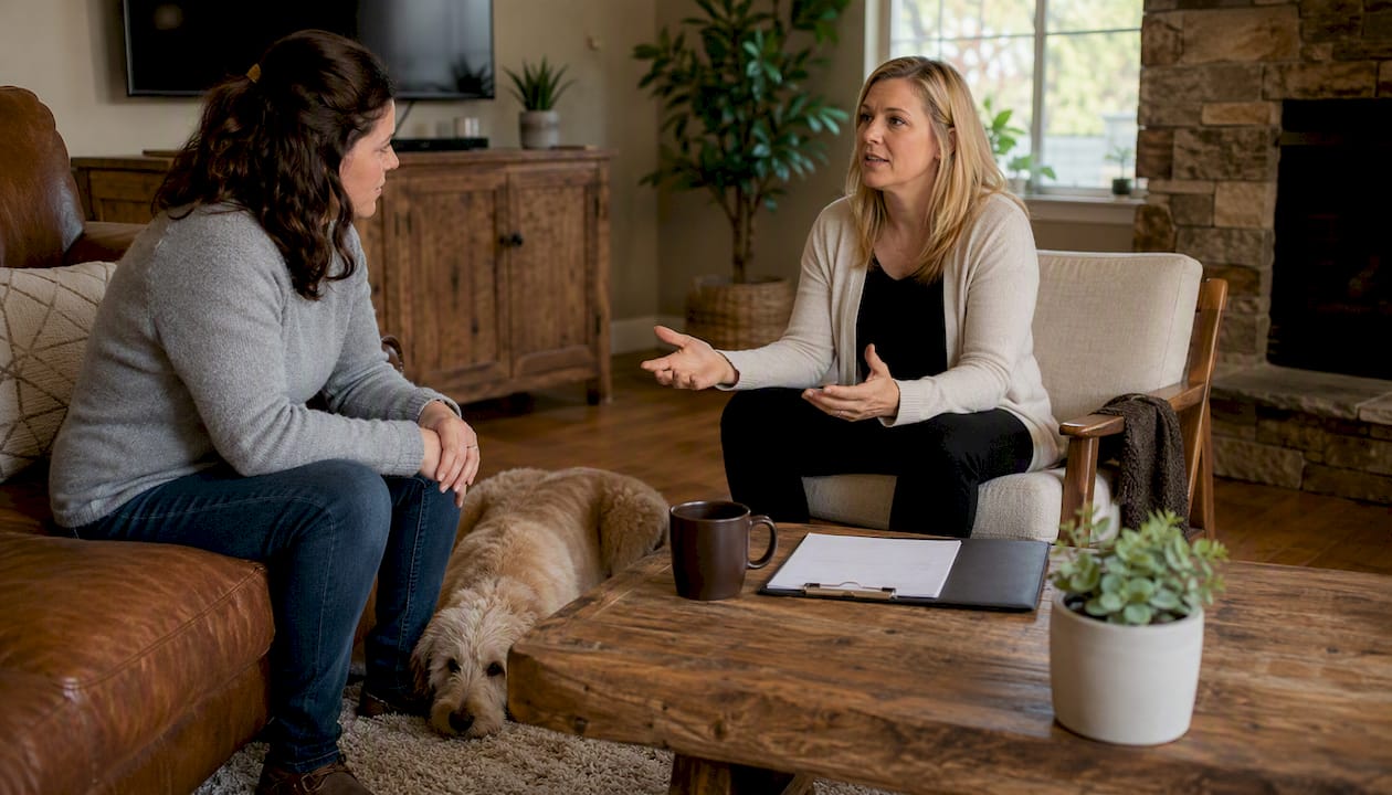 Dog owner consulting vet behaviourist with dog