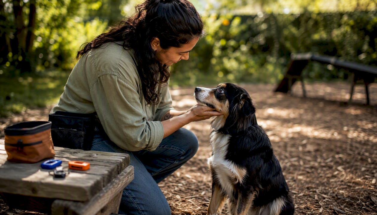 Trainer handling dog during assessment session