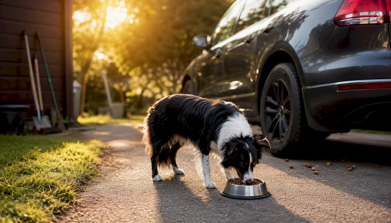 Dog eating treats near car in driveway