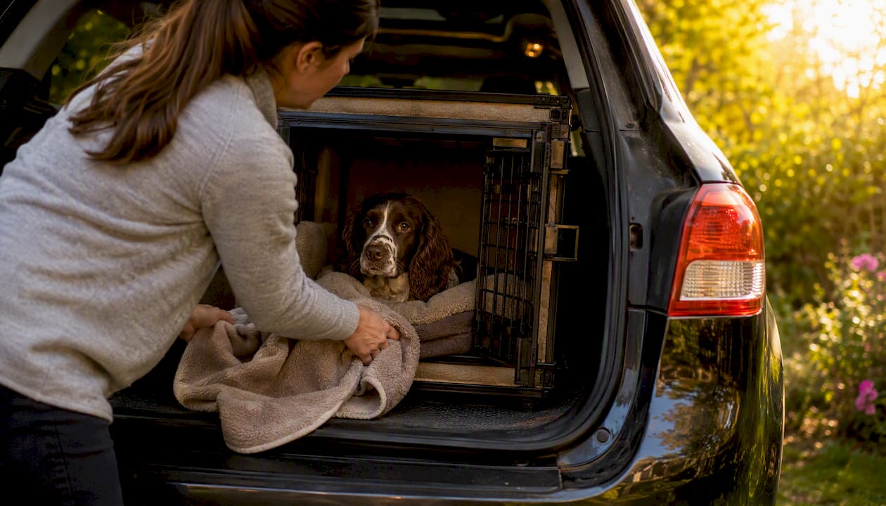 Dog resting calmly in travel crate inside car