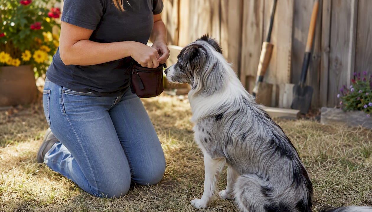 Owner holding treat pouch training dog indoors
