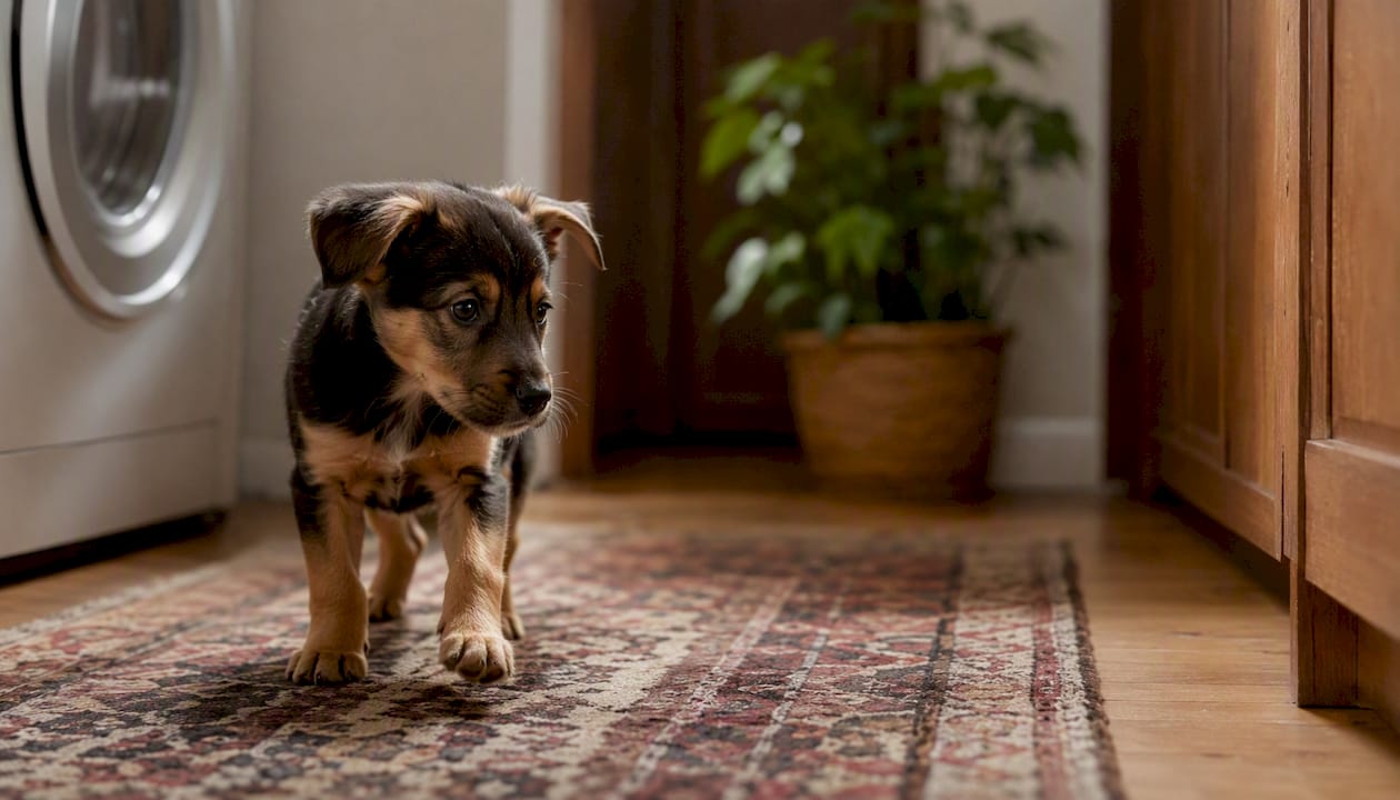 Puppy exploring household surfaces and sounds