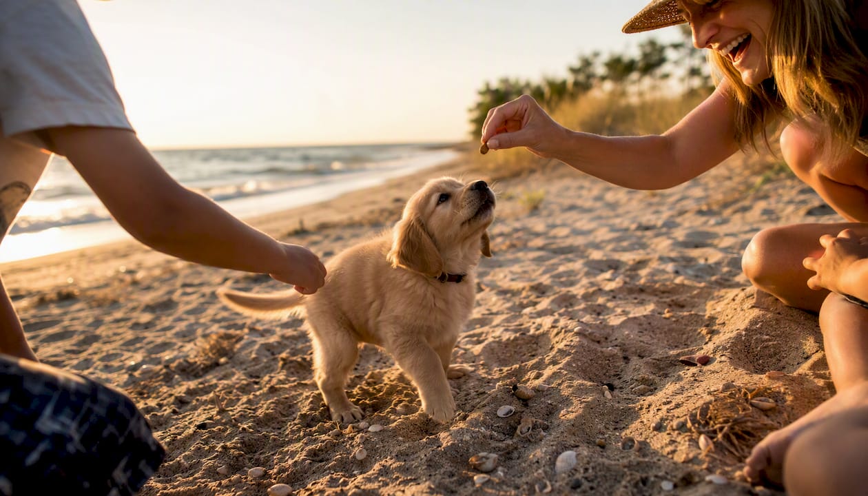 Puppy accepting treats from different people