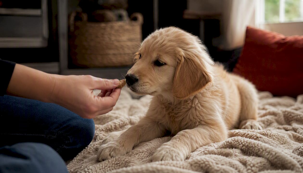 Owner giving treat to calm puppy