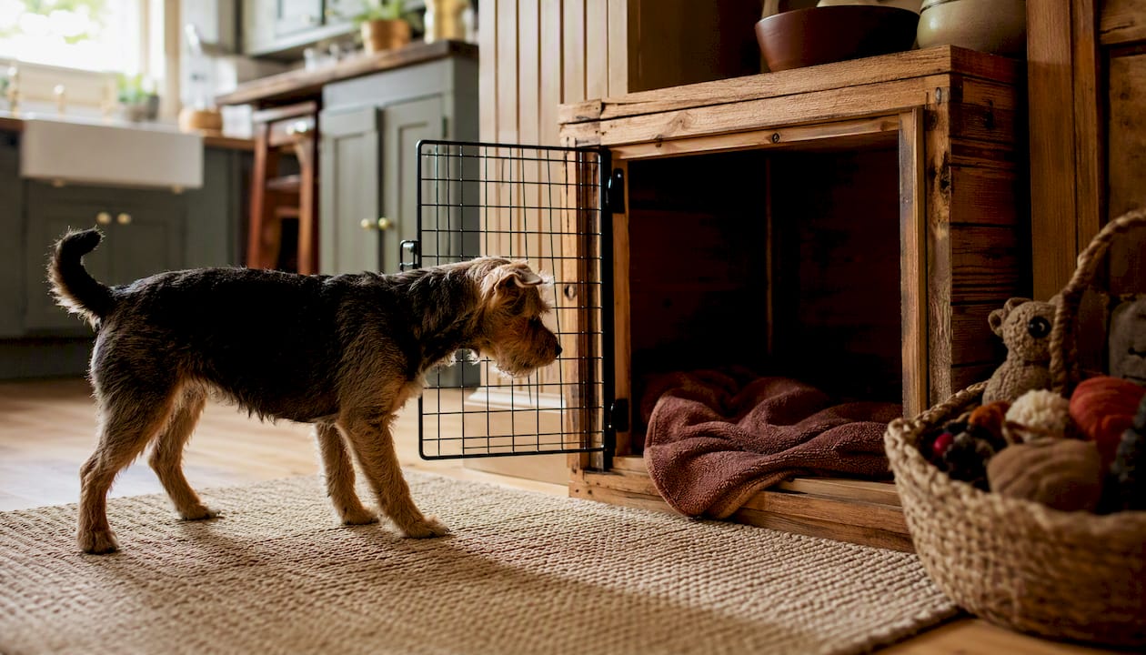 Dog hesitating at crate door