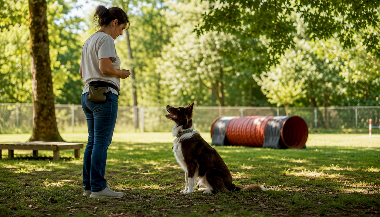 Owner using clicker and treat in dog training