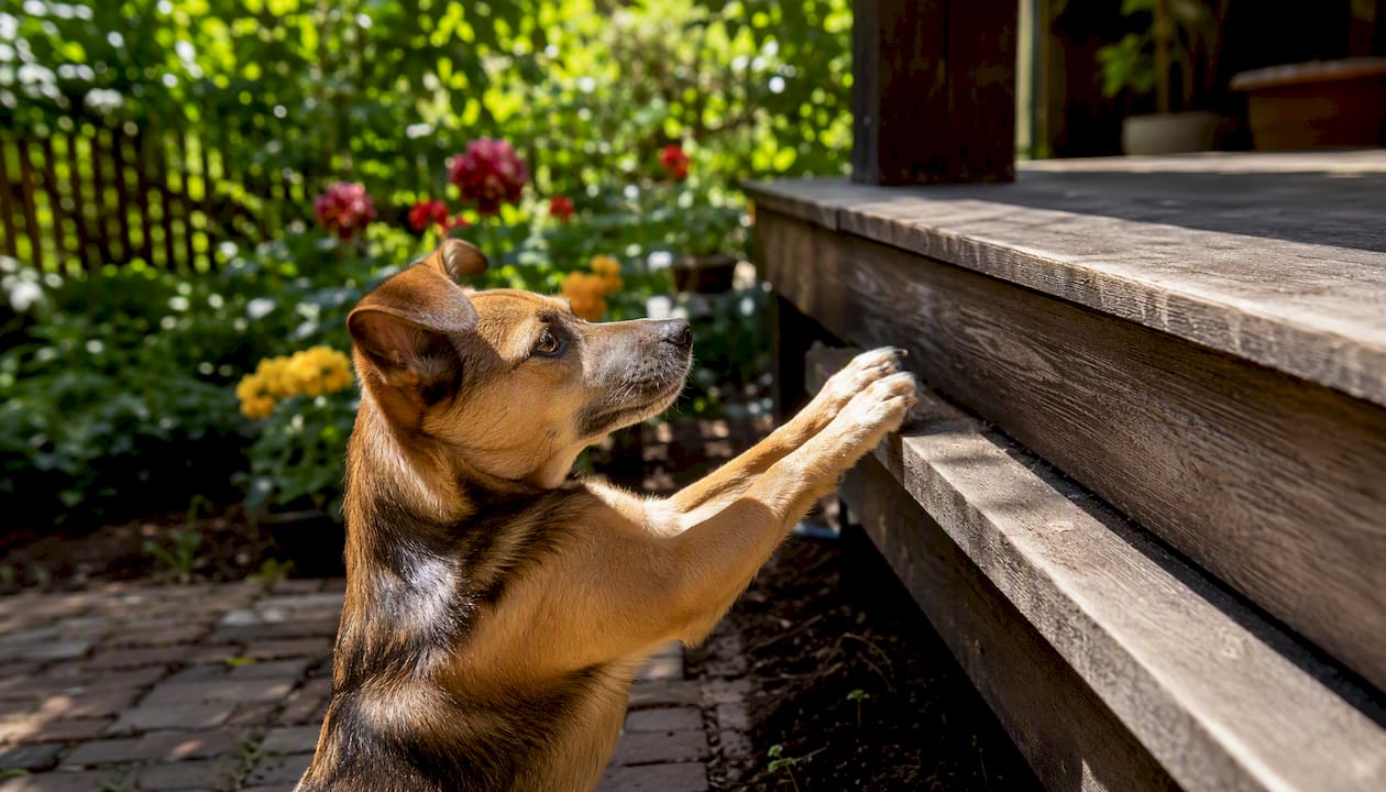 Dog front paws on wooden platform