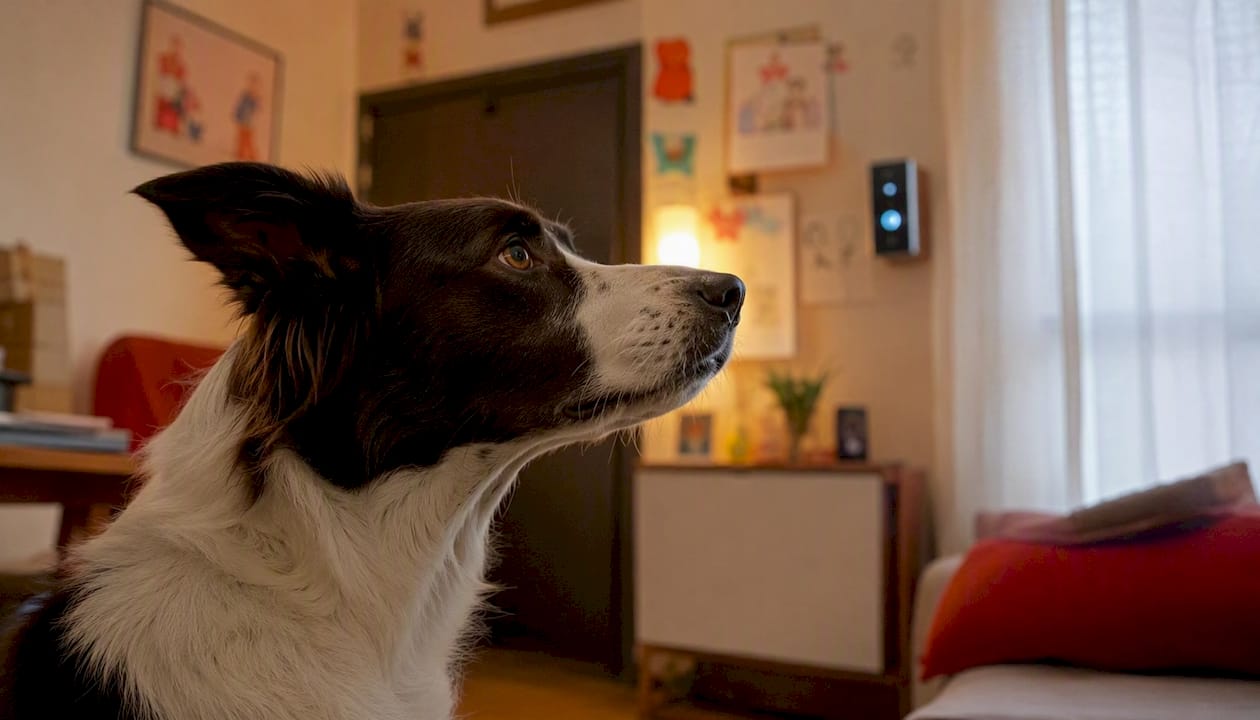 Dog reacting to multiple home stimuli indoors