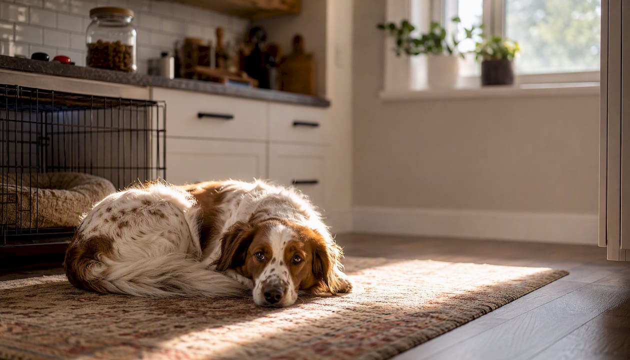 Calm dog resting at home alone in safe space