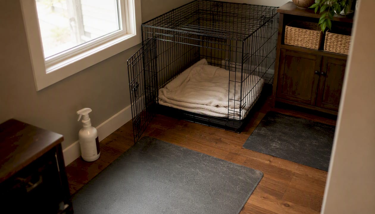 Dog crate and cleaned room for safe confinement