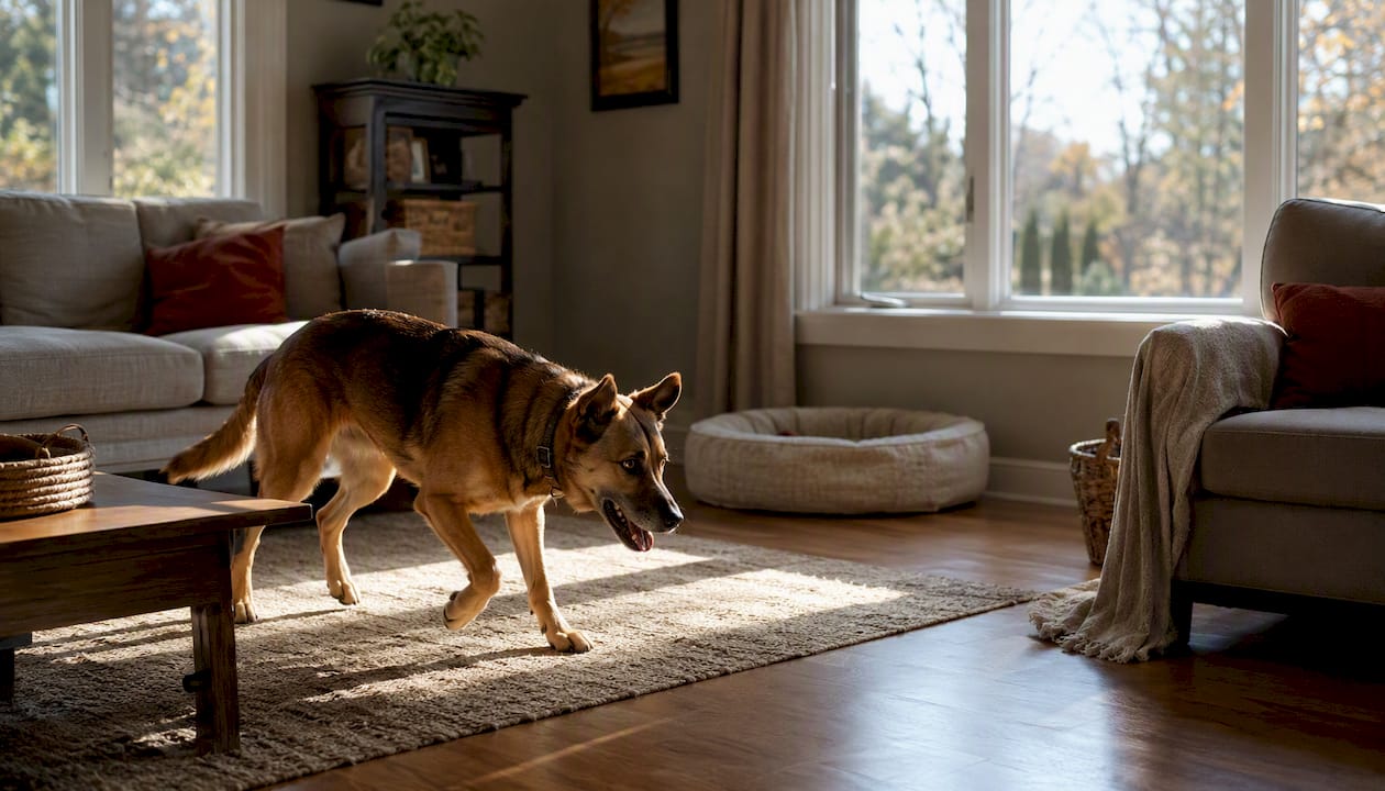 Dog pacing and panting showing early anxiety signs