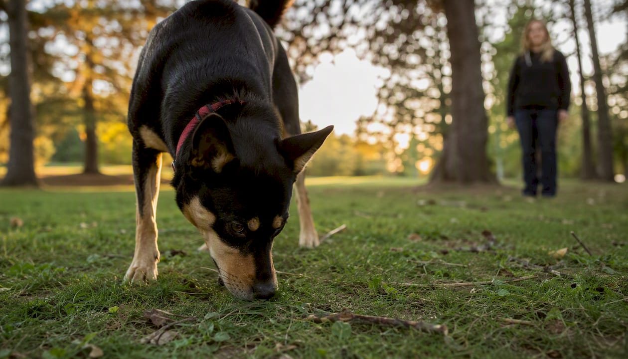 Dog sniffing grass intently outdoors